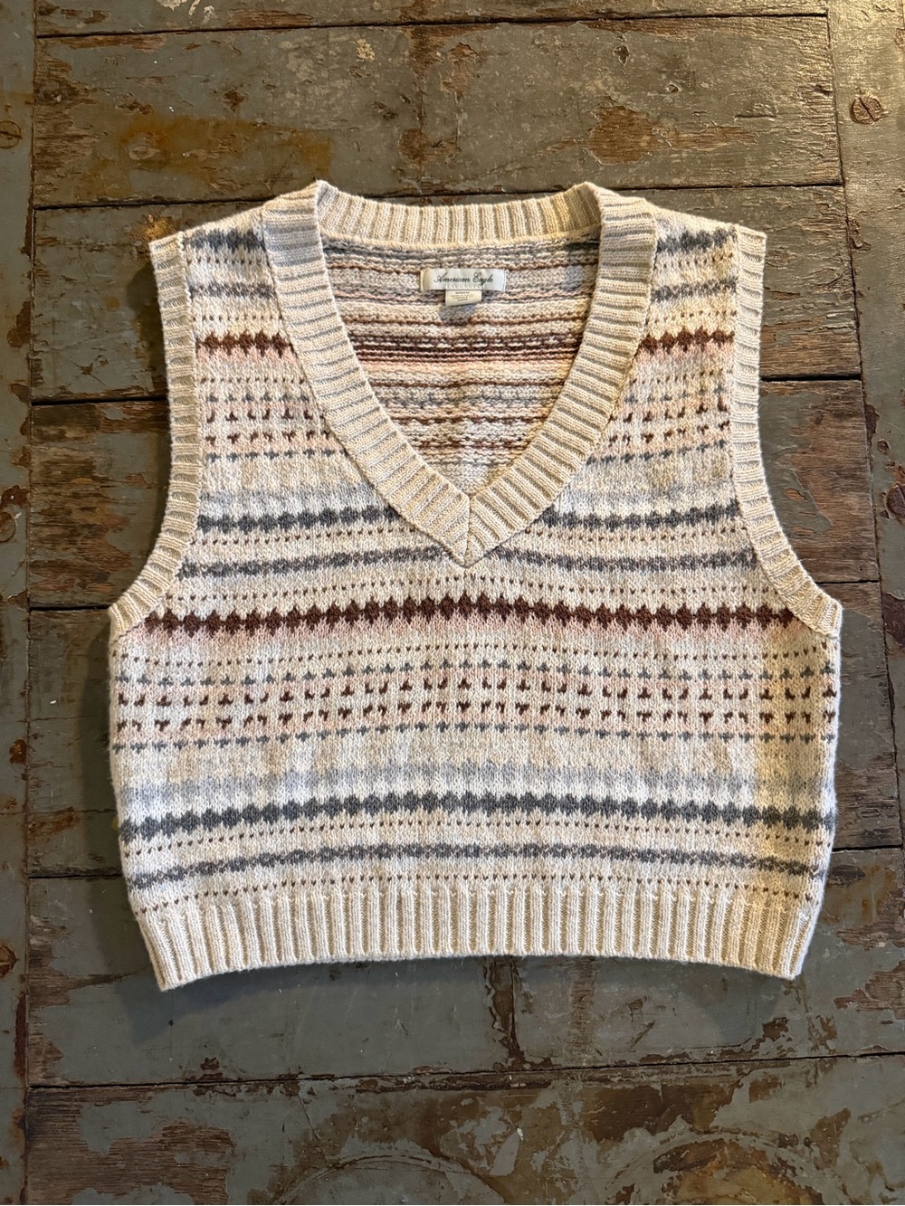 American Eagle Cream Fair Isle V-Neck Sweater Vest
